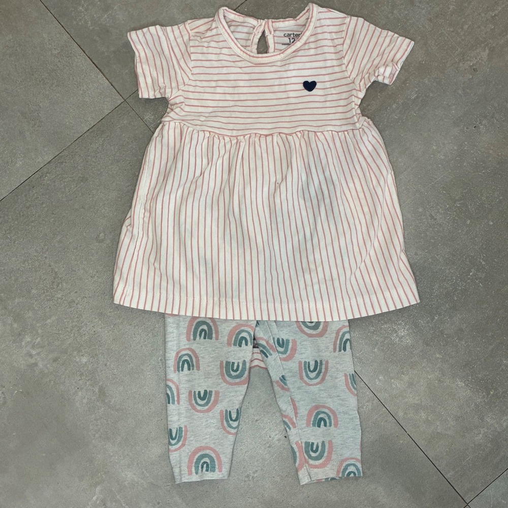 Carters Baby Girls 12M Striped Heart Dress Bodysuit & Rainbow Leggings Set
